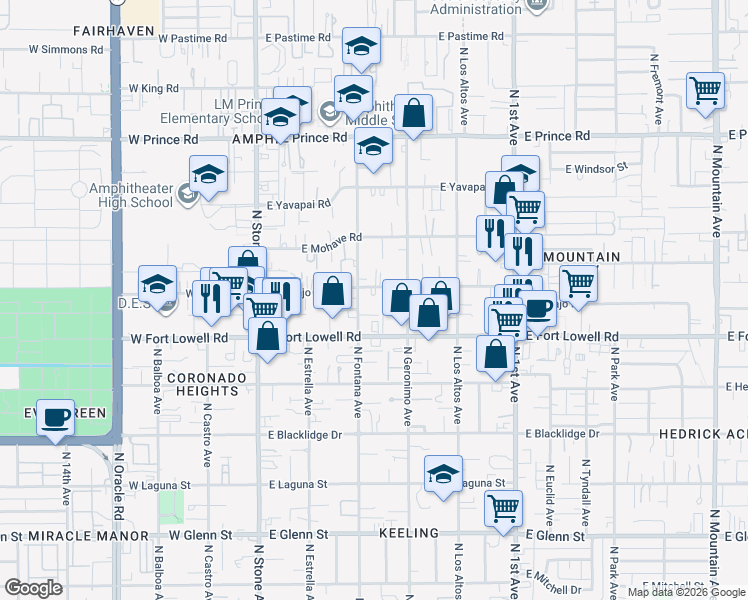 map of restaurants, bars, coffee shops, grocery stores, and more near 310 East Navajo Road in Tucson