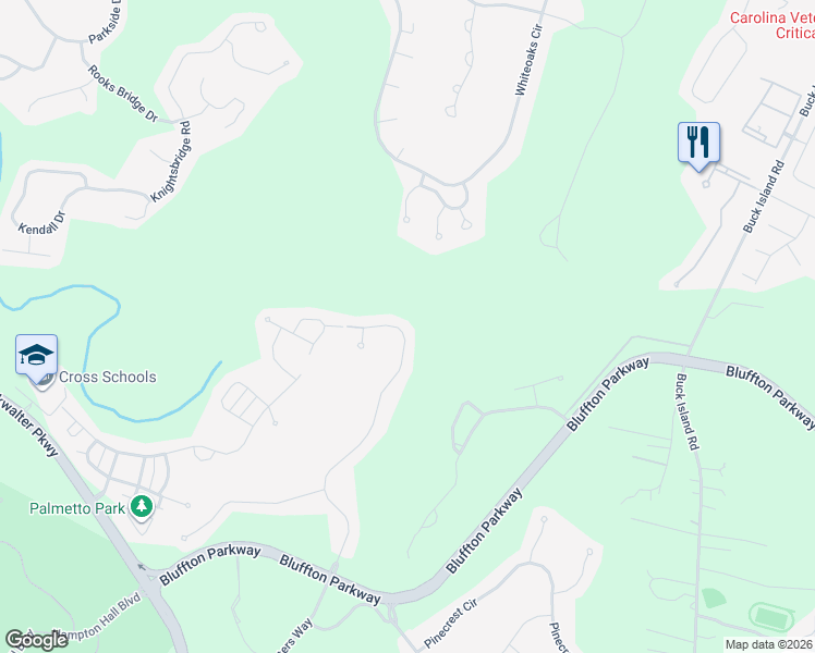 map of restaurants, bars, coffee shops, grocery stores, and more near 110 Crossings Boulevard in Bluffton