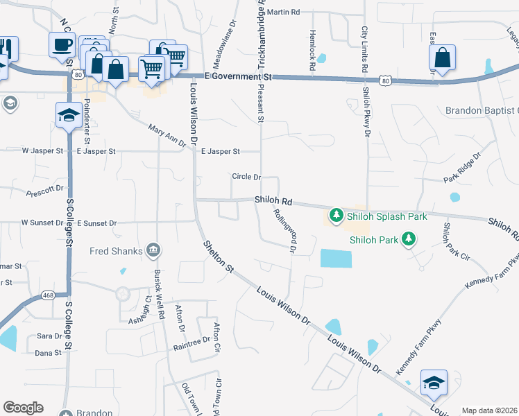 map of restaurants, bars, coffee shops, grocery stores, and more near 101 Springridge Drive in Brandon