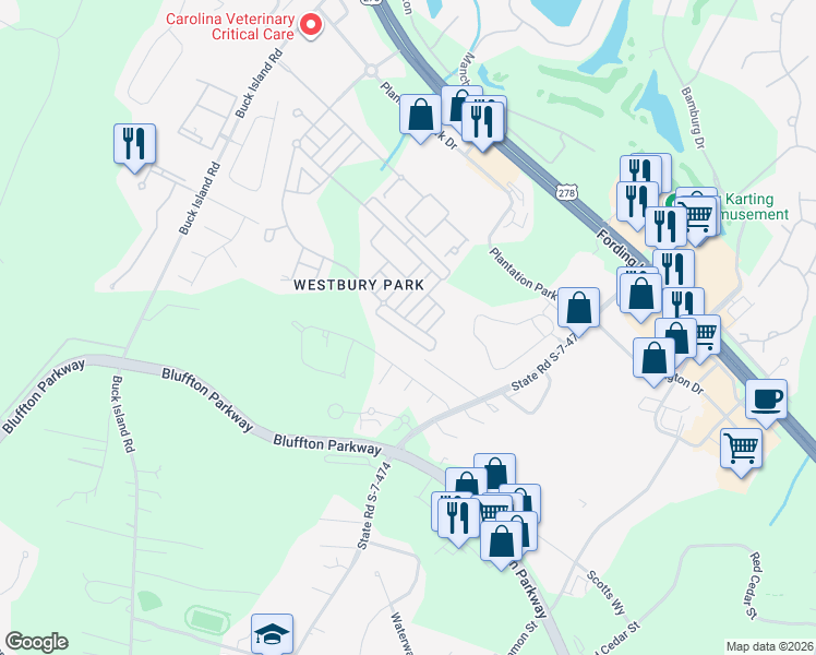 map of restaurants, bars, coffee shops, grocery stores, and more near 159 Regent Avenue in Bluffton