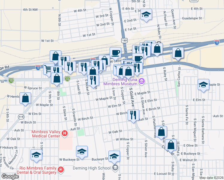 map of restaurants, bars, coffee shops, grocery stores, and more near 300 South Iron Street in Deming