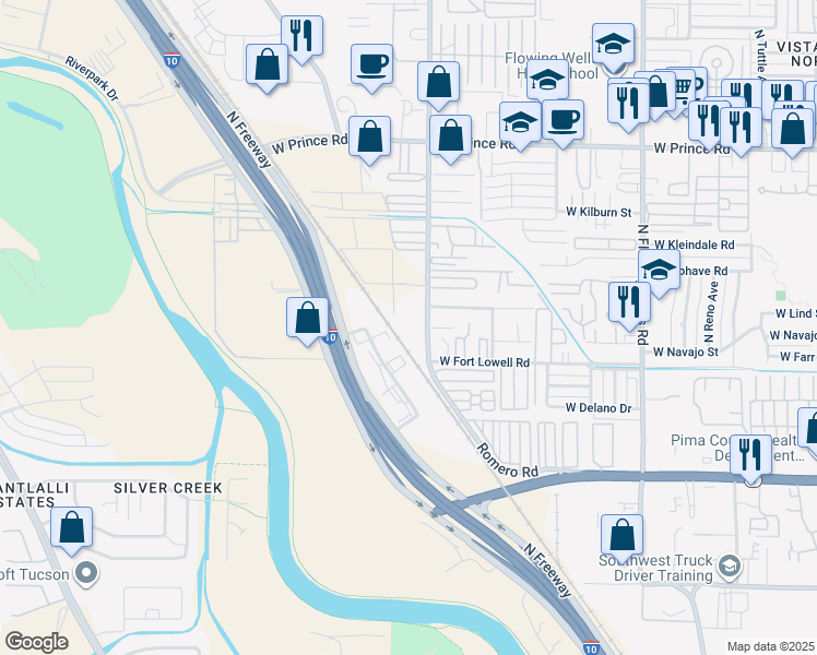 map of restaurants, bars, coffee shops, grocery stores, and more near 3241 North Romero Road in Tucson