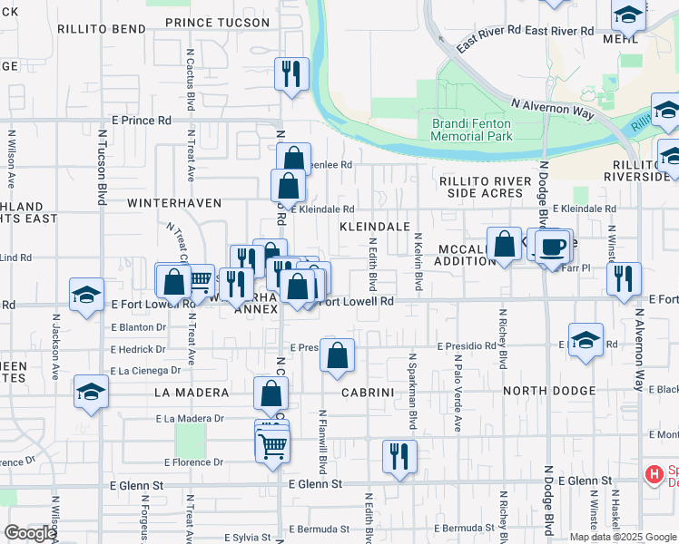 map of restaurants, bars, coffee shops, grocery stores, and more near 3201 East Fort Lowell Road in Tucson