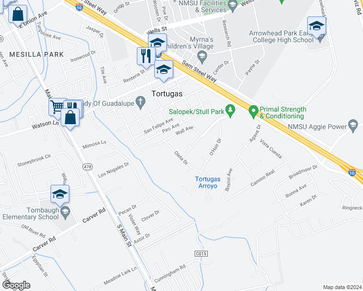 map of restaurants, bars, coffee shops, grocery stores, and more near 313 Wall Avenue in Las Cruces