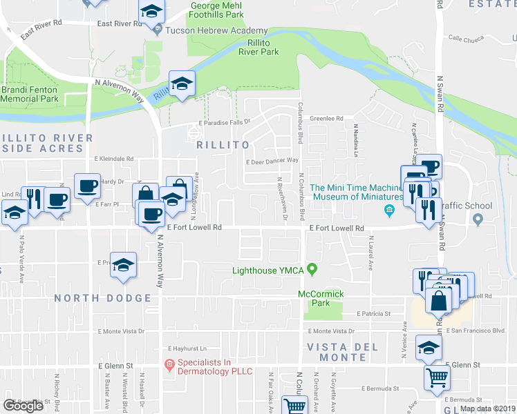 map of restaurants, bars, coffee shops, grocery stores, and more near 4175 East Fort Lowell Road in Tucson