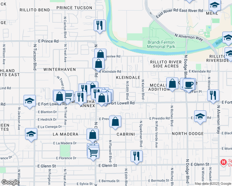map of restaurants, bars, coffee shops, grocery stores, and more near 3201 East Fort Lowell Road in Tucson
