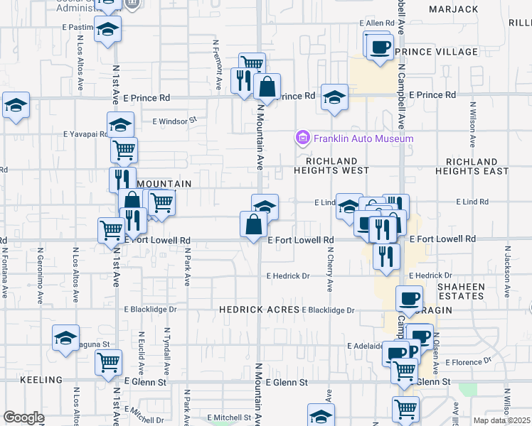 map of restaurants, bars, coffee shops, grocery stores, and more near 1304 East Lind Road in Tucson