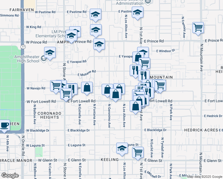 map of restaurants, bars, coffee shops, grocery stores, and more near 3290 North Geronimo Avenue in Tucson
