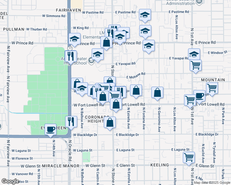 map of restaurants, bars, coffee shops, grocery stores, and more near 1 East Navajo Road in Tucson