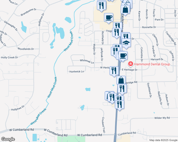 map of restaurants, bars, coffee shops, grocery stores, and more near 7609 Abbeywood Court in Tyler