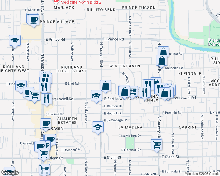 map of restaurants, bars, coffee shops, grocery stores, and more near 2530 East Lind Road in Tucson