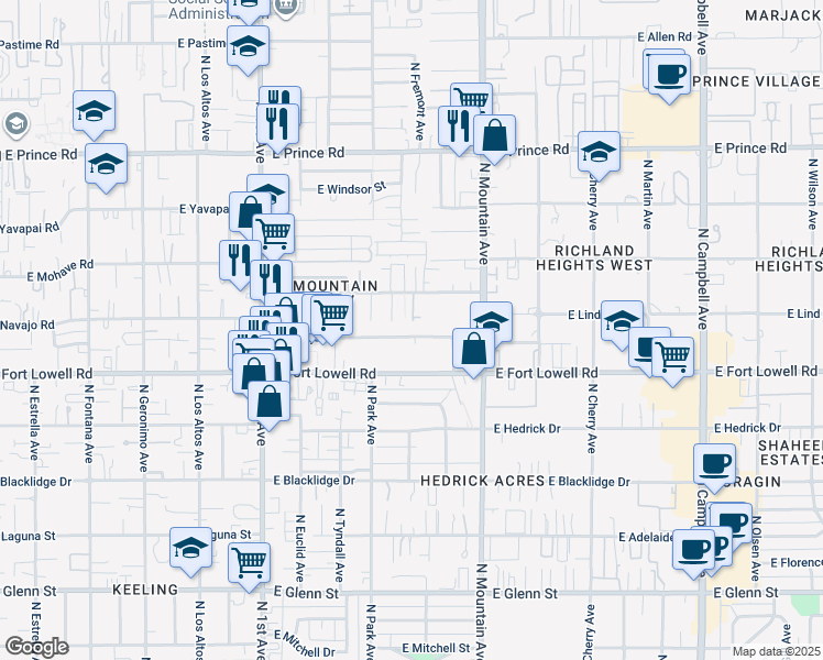map of restaurants, bars, coffee shops, grocery stores, and more near 1049 East Navajo Road in Tucson