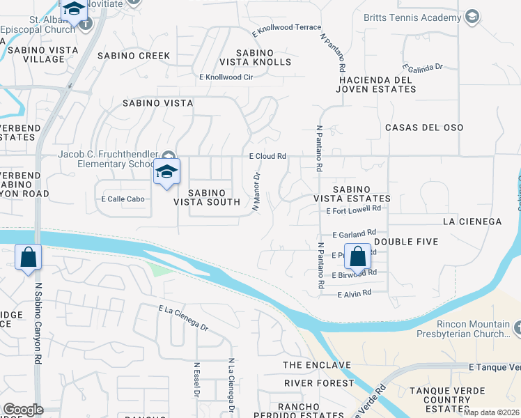map of restaurants, bars, coffee shops, grocery stores, and more near 7725 East Manor Place in Tucson