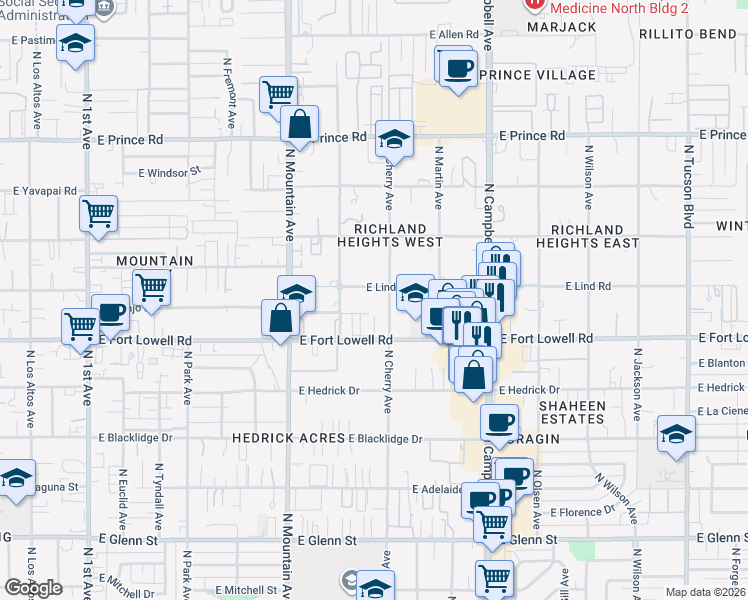 map of restaurants, bars, coffee shops, grocery stores, and more near 1502 East Lind Road in Tucson
