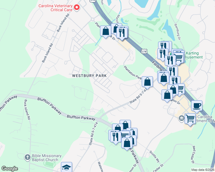 map of restaurants, bars, coffee shops, grocery stores, and more near 11 Abbey Lane in Bluffton