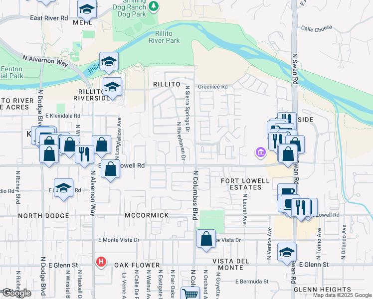 map of restaurants, bars, coffee shops, grocery stores, and more near 3245 North Rambling Creek Place in Tucson