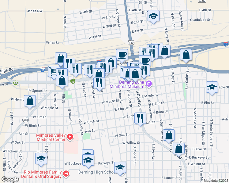 map of restaurants, bars, coffee shops, grocery stores, and more near 315 West Hemlock Street in Deming