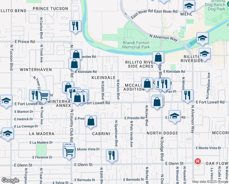 map of restaurants, bars, coffee shops, grocery stores, and more near 3259 North Kelvin Boulevard in Tucson