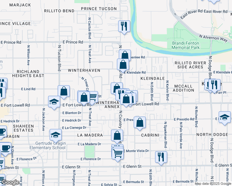 map of restaurants, bars, coffee shops, grocery stores, and more near 2901 East Fort Lowell Road in Tucson