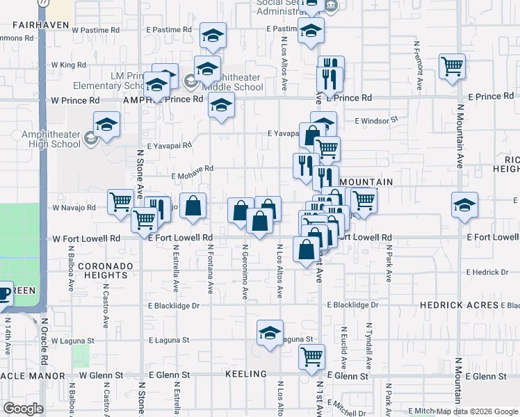 map of restaurants, bars, coffee shops, grocery stores, and more near 450 East Navajo Road in Tucson