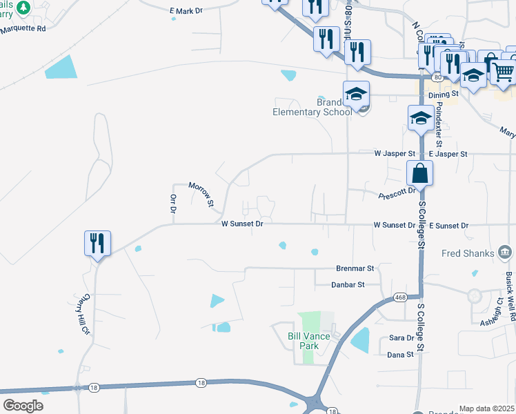map of restaurants, bars, coffee shops, grocery stores, and more near 1500 Chapel Ridge Way in Brandon