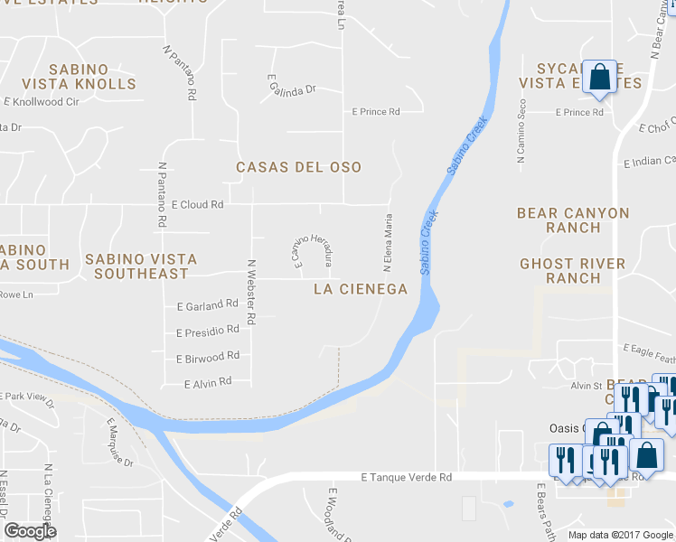 map of restaurants, bars, coffee shops, grocery stores, and more near 8281 East Camino Herradura in Tucson