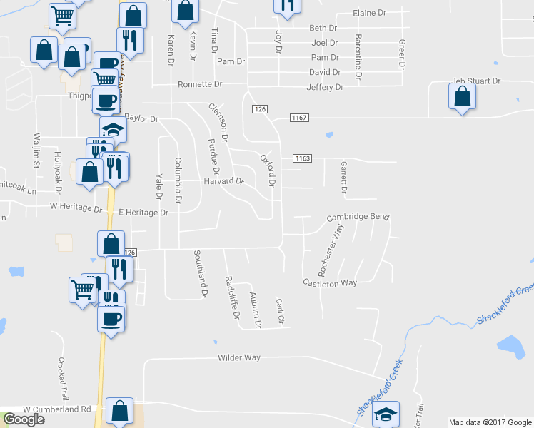 map of restaurants, bars, coffee shops, grocery stores, and more near 726 Purdue Drive in Tyler
