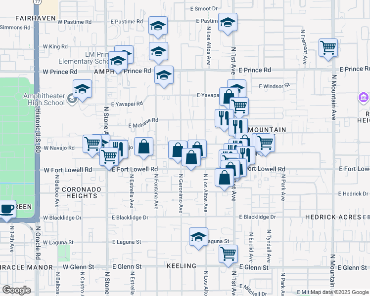 map of restaurants, bars, coffee shops, grocery stores, and more near 3290 North Geronimo Avenue in Tucson