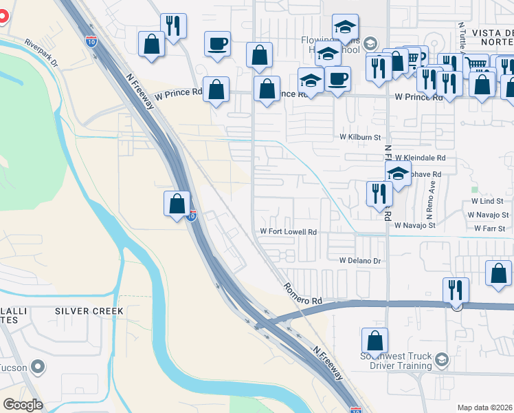map of restaurants, bars, coffee shops, grocery stores, and more near 1749 West Higgins Lane in Tucson