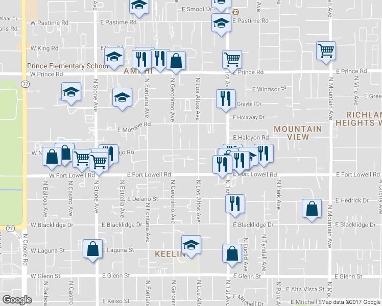 map of restaurants, bars, coffee shops, grocery stores, and more near 450 East Navajo Road in Tucson