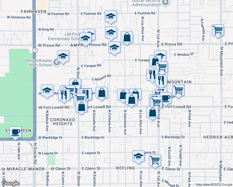 map of restaurants, bars, coffee shops, grocery stores, and more near 310 East Navajo Road in Tucson