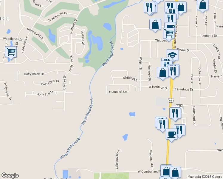 map of restaurants, bars, coffee shops, grocery stores, and more near 705 Huntwick Ln in Tyler