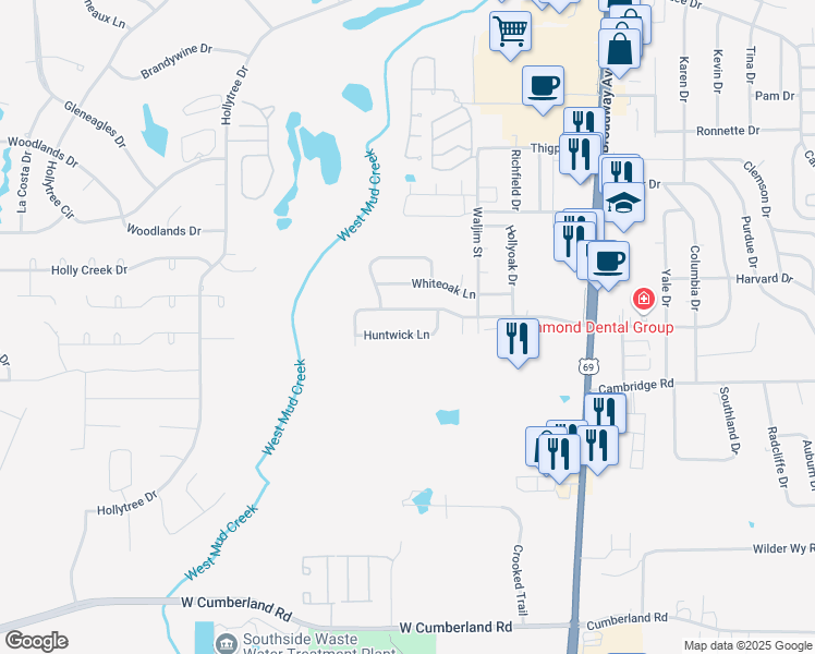 map of restaurants, bars, coffee shops, grocery stores, and more near 617 Huntwick Lane in Tyler