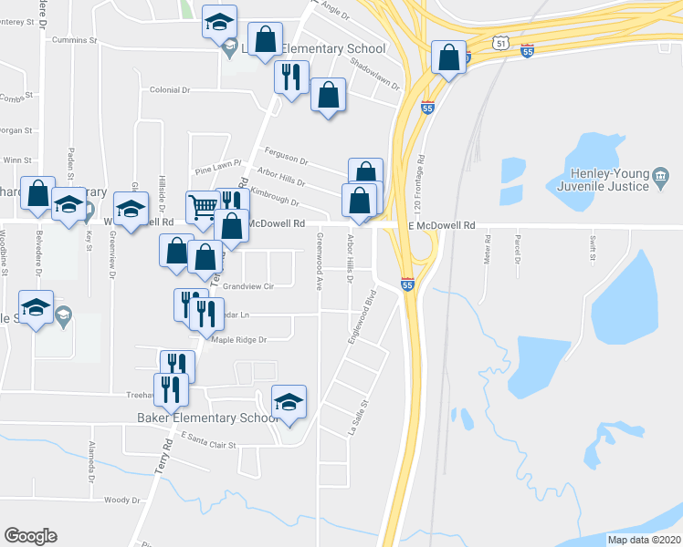 map of restaurants, bars, coffee shops, grocery stores, and more near 2841 Arbor Hills Drive in Jackson