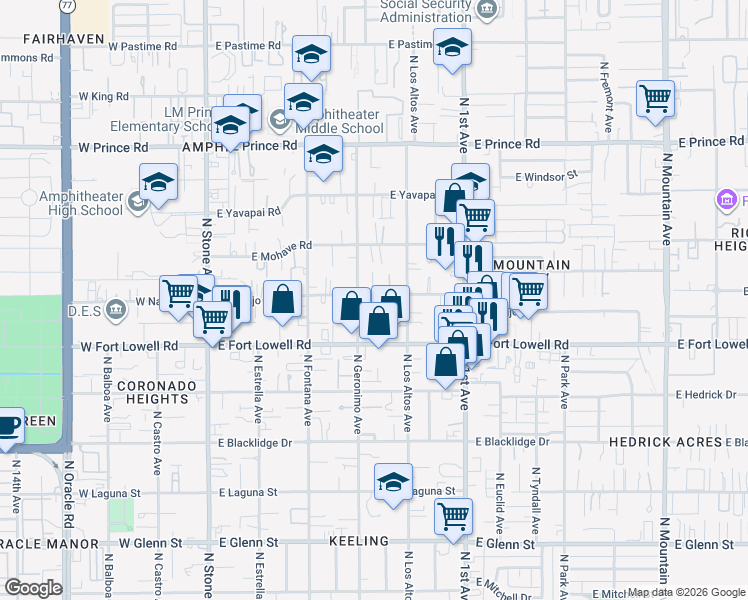 map of restaurants, bars, coffee shops, grocery stores, and more near 3290 North Geronimo Avenue in Tucson