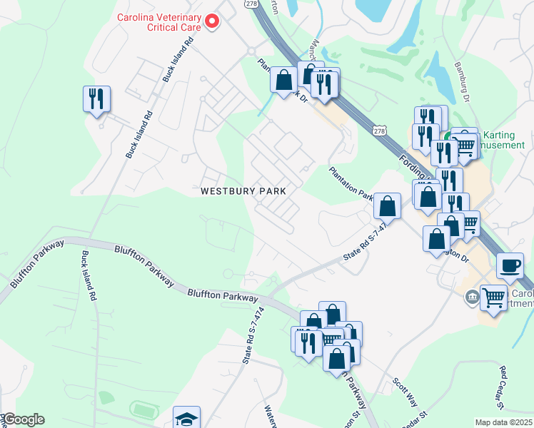 map of restaurants, bars, coffee shops, grocery stores, and more near 156 Regent Avenue in Bluffton