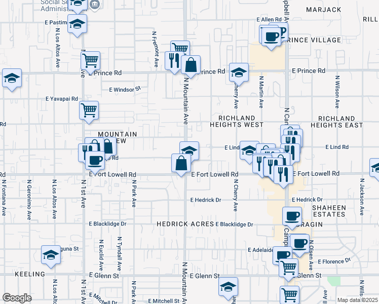 map of restaurants, bars, coffee shops, grocery stores, and more near 1304 East Lind Road in Tucson