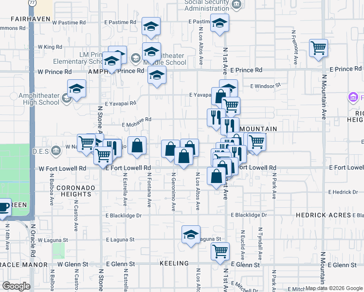 map of restaurants, bars, coffee shops, grocery stores, and more near 3290 North Geronimo Avenue in Tucson