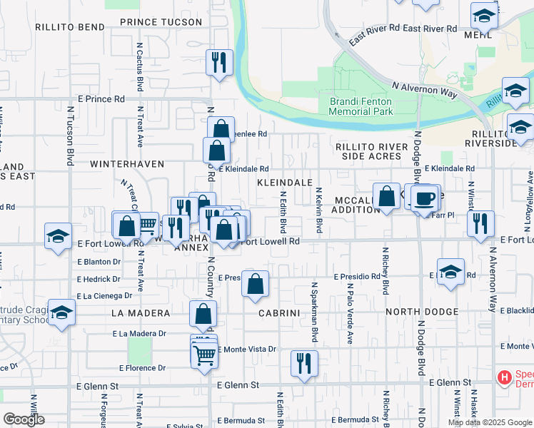 map of restaurants, bars, coffee shops, grocery stores, and more near 3201 East Fort Lowell Road in Tucson