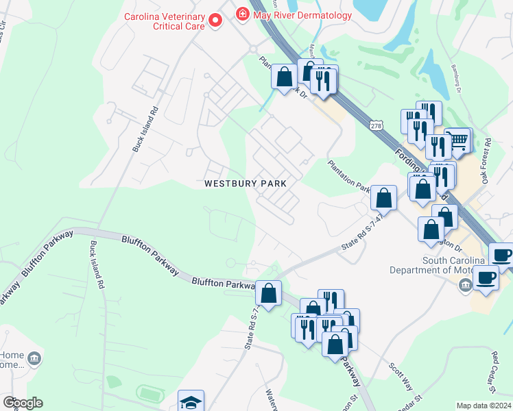map of restaurants, bars, coffee shops, grocery stores, and more near 116 Westbury Park Way in Bluffton