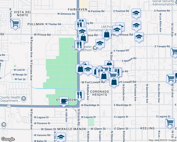 map of restaurants, bars, coffee shops, grocery stores, and more near 266 West Navajo Road in Tucson