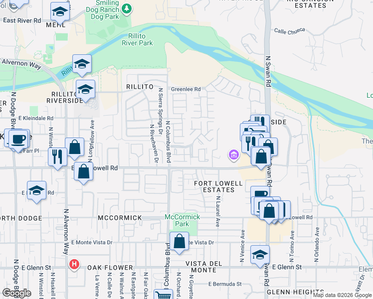 map of restaurants, bars, coffee shops, grocery stores, and more near 3266 North Little Creek Place in Tucson