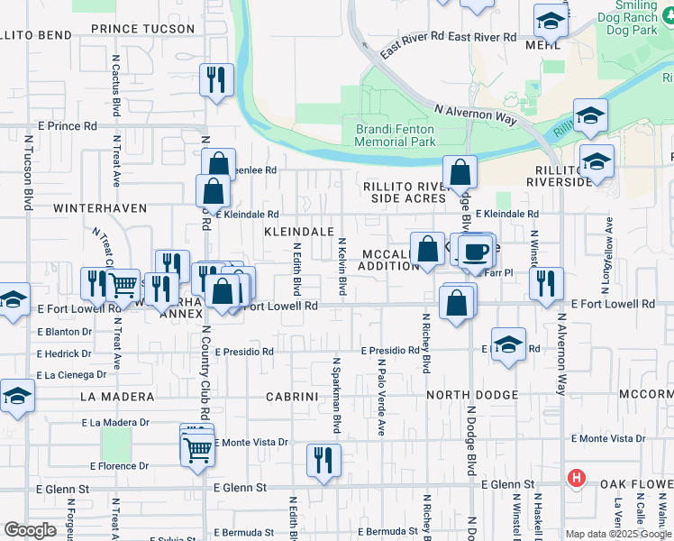 map of restaurants, bars, coffee shops, grocery stores, and more near 3259 North Kelvin Boulevard in Tucson