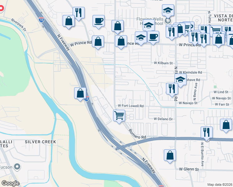 map of restaurants, bars, coffee shops, grocery stores, and more near 1749 West Higgins Lane in Tucson