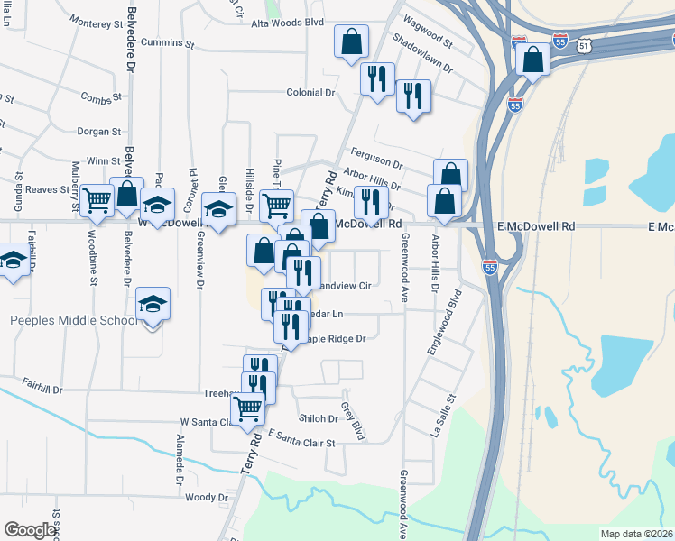 map of restaurants, bars, coffee shops, grocery stores, and more near 2832 Milton Drive in Jackson
