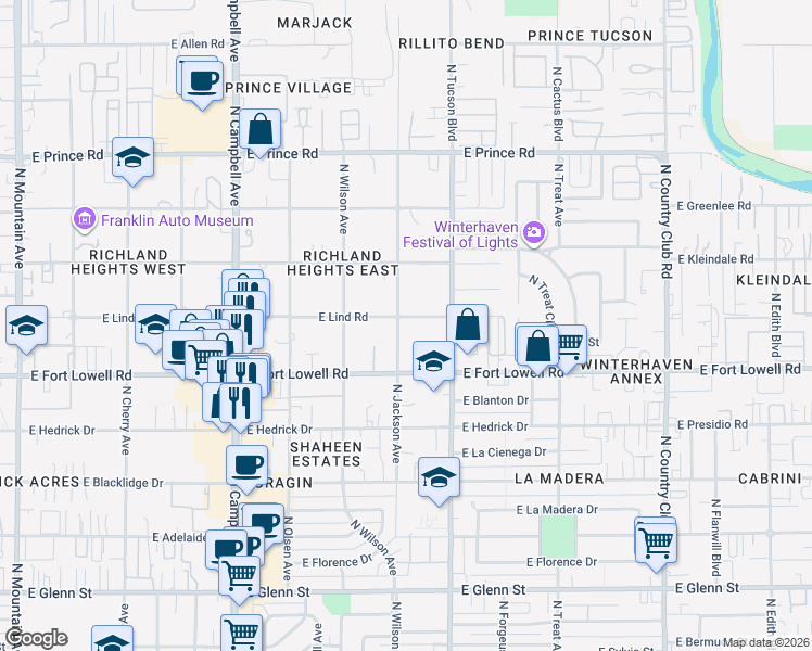 map of restaurants, bars, coffee shops, grocery stores, and more near 2304 East Lind Road in Tucson