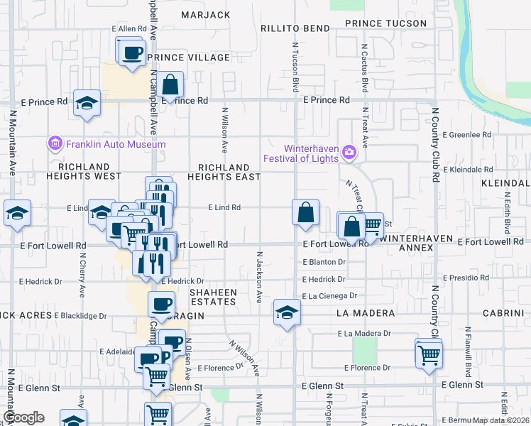 map of restaurants, bars, coffee shops, grocery stores, and more near 2304 East Lind Road in Tucson