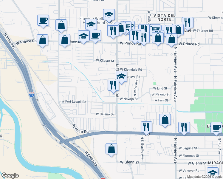 map of restaurants, bars, coffee shops, grocery stores, and more near 3245 North Flowing Wells Road in Tucson