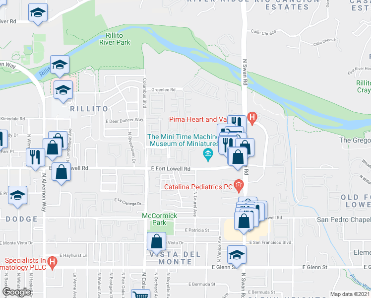 map of restaurants, bars, coffee shops, grocery stores, and more near 3273 North Little Horse Drive in Tucson