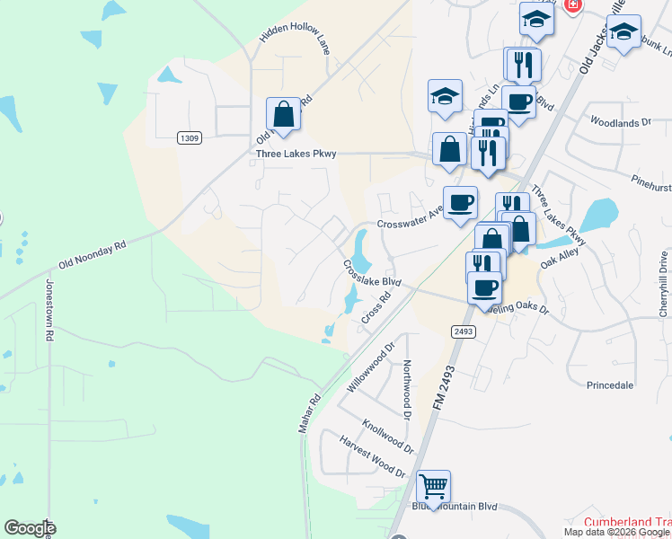 map of restaurants, bars, coffee shops, grocery stores, and more near 7613 Lakeside Lane in Tyler